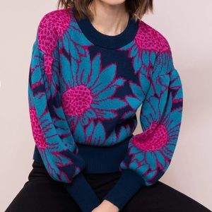 Anorak Boho Sunflower Bell Sleeve Merino Wool Blend Sweater Size S